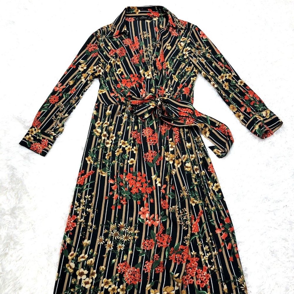 Zara Floral Striped Midi Dress - Black, Red, Green